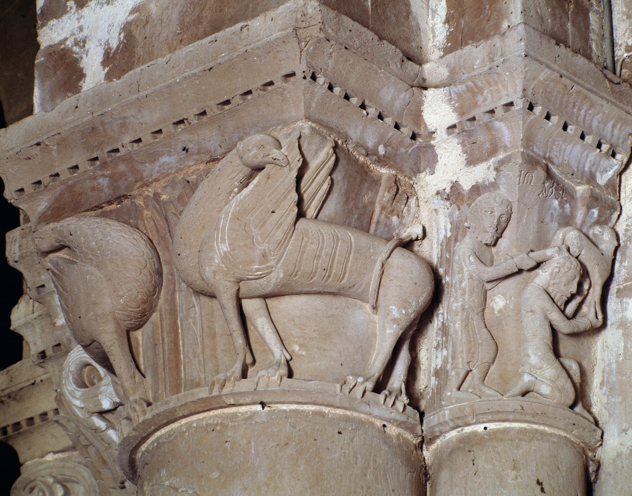 Kain tappaa Abelin (risteykseen veistetty pääkaupunki) tekijältä Romanesque