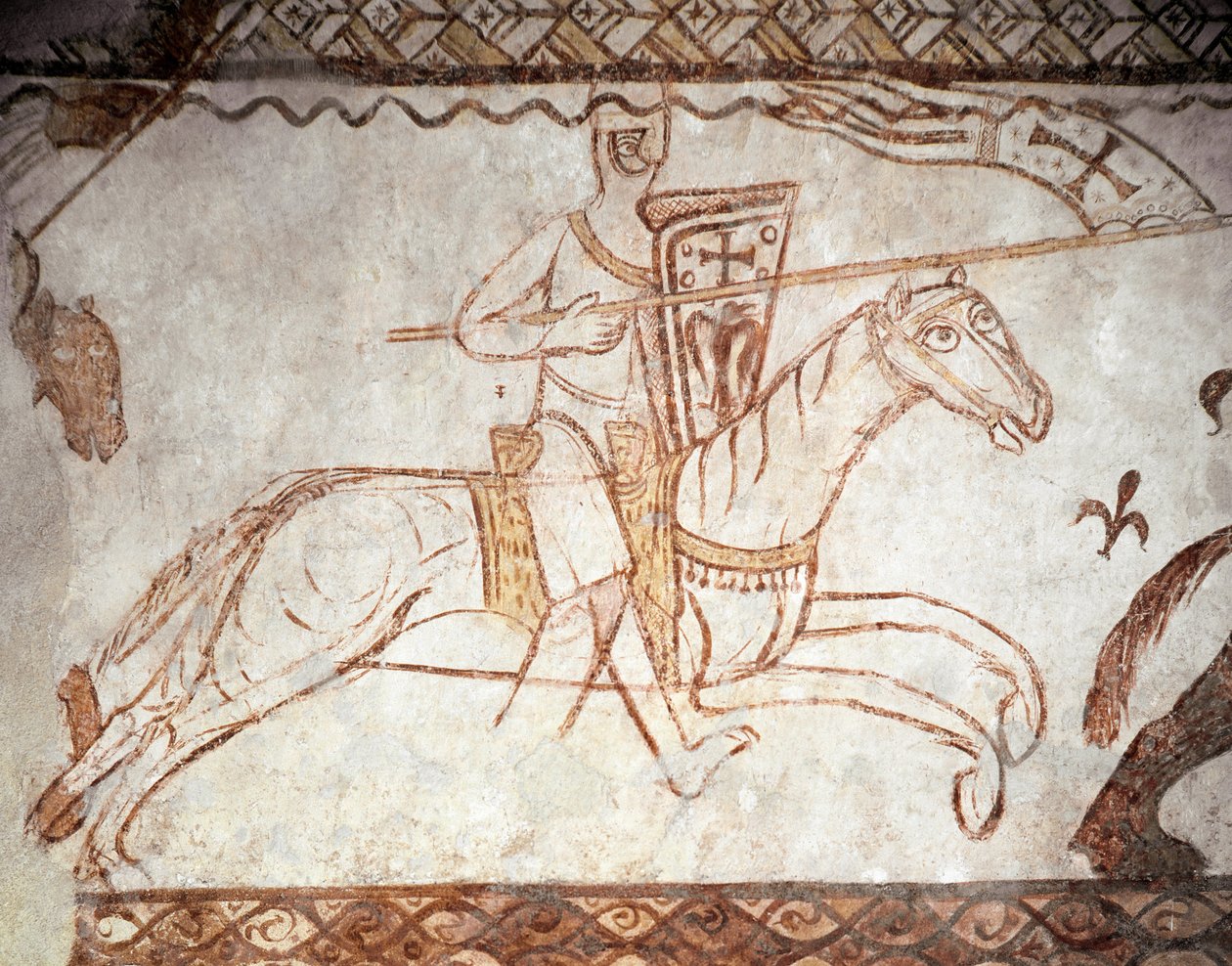Ristiretki: Temppeliritarikunnan ritari. Romaaninen taide. fresko Cressacin kappelista (Cressac-Saint-Genis en Charente) tekijältä Romanesque