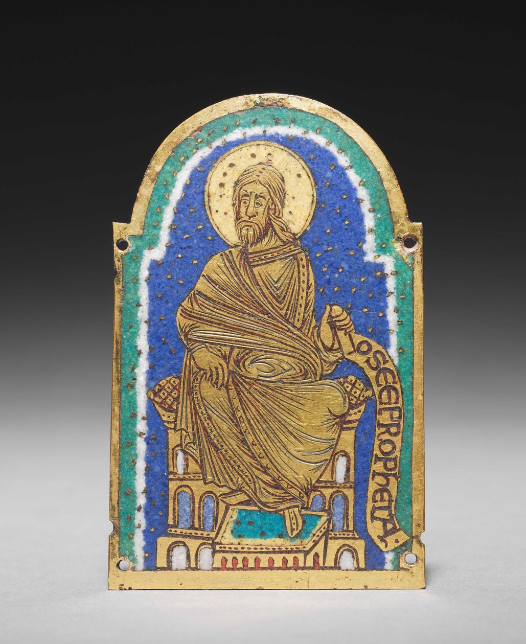 Plakki: Istuva profeetta pyhäkköpyhäköstä: Osea (Hosea), n. 1170-1180 (kullattu kupari, champlevé-emali) tekijältä Romanesque