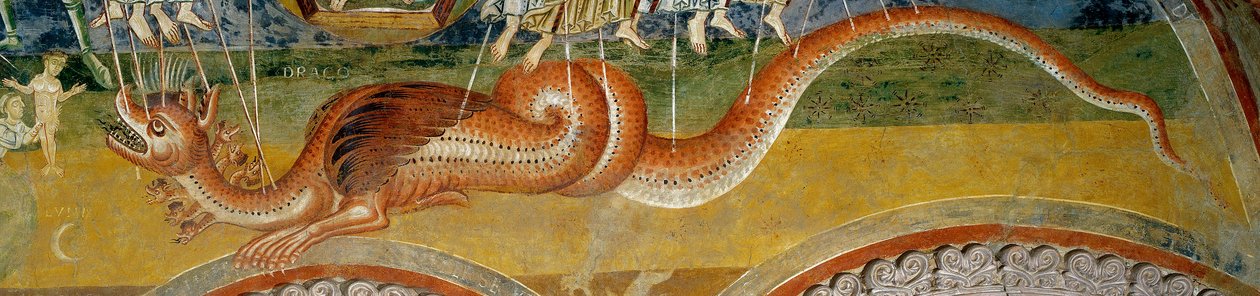 Apokalypsin esitys. Yksityiskohta, joka kuvaa hirviötä, jolla on seitsemän päätä, enkelien nuolien lävistämä tekijältä Romanesque