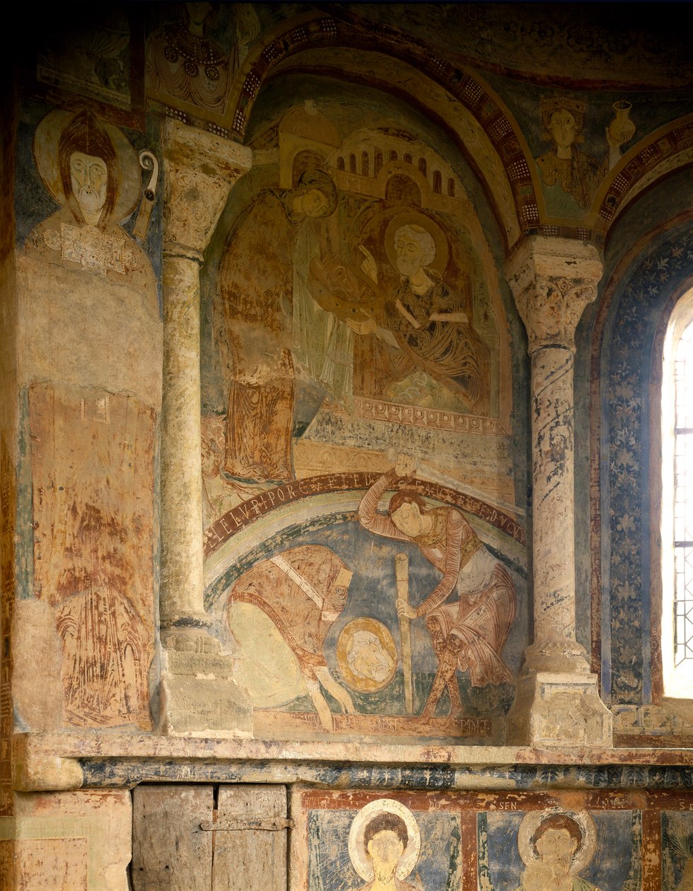 Romaaninen taide: maalaus, joka kuvaa Saint Laurentin marttyyria (1103-1130). Fresko. Chateau des Moinesin kappeli, Berze-la-Ville (Berze-la-Ville Saone ja Loire, Burgundy), Ranska. tekijältä Romanesque