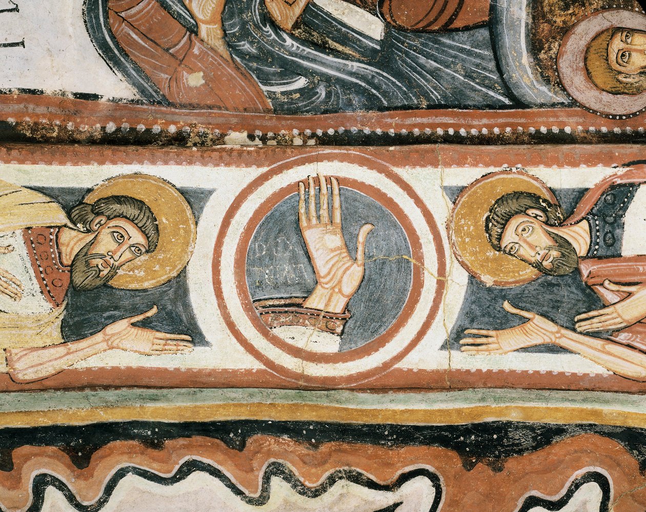 Romaaninen taide: "" Jumalan oikea käsi ja patriarkat Elia ja Henoch (tai Eenok). Yksityiskohta. Fresko Leonin koulusta (Espanja). 1132. Neitsyt del Caminin neitsyen pyhäkkö tekijältä Romanesque