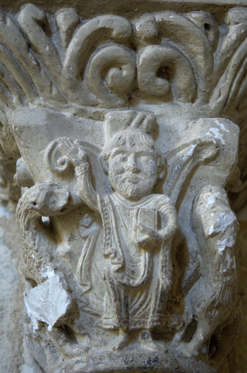Romaaninen taide: yksityiskohta Saint Blaisen kirkon pääkaupungista, Lacommande (Atlantin Pyreneet) tekijältä Romanesque