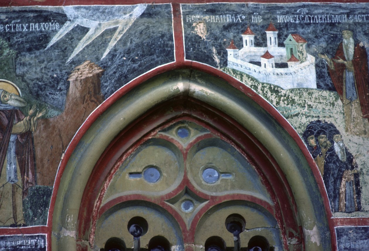 Goottilainen ikkuna ja Pyhän Pachomiuksen elämä kirkon pohjoisseinältä, n. 1601 tekijältä Romanian School