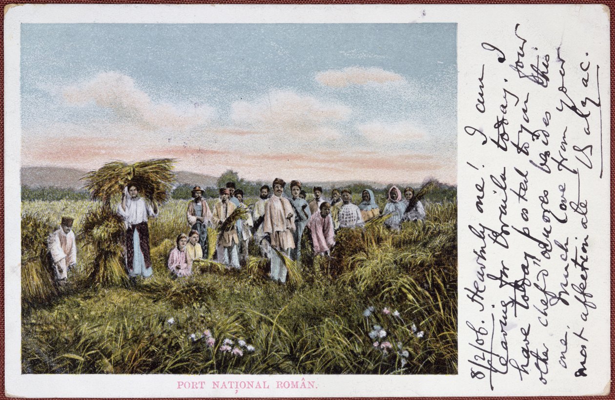 Postikortti, joka kuvaa romanialaisten talonpoikien sadonkorjuuta, 1906 tekijältä Romanian School