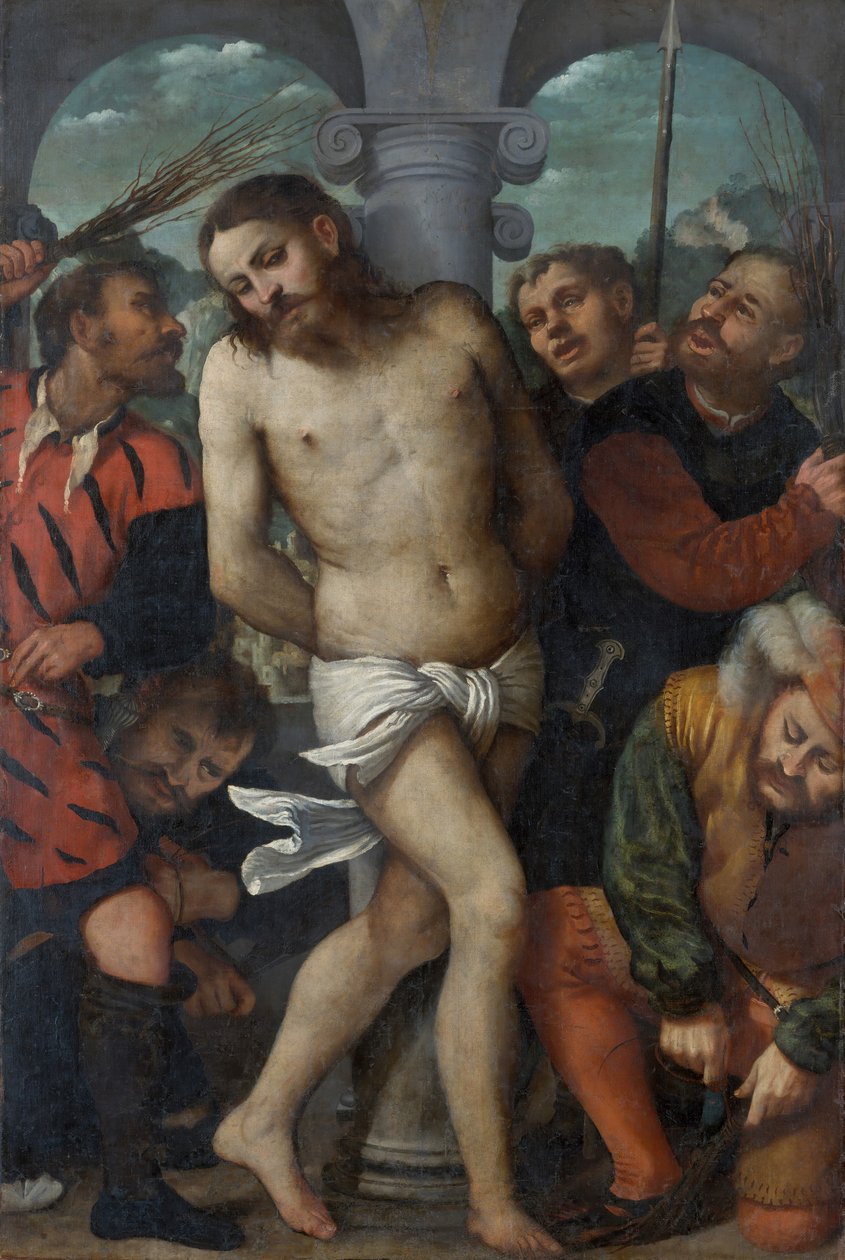 The Flagellation, käänteinen The Madonna of Mercy, n. 1540. tekijältä Romanino