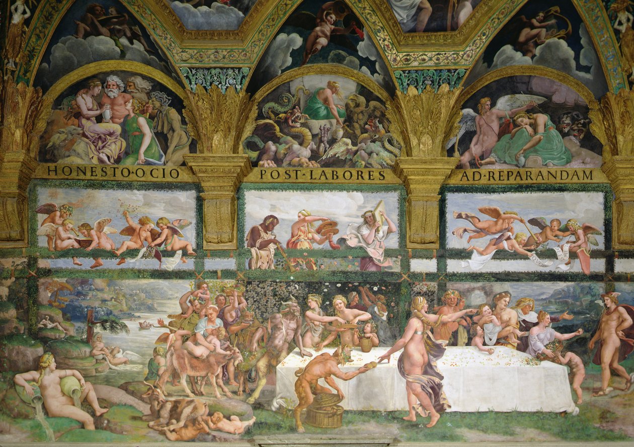Cupidon ja Psychen kammio, valmistelut jumalten juhlaan Cupidon ja Psychen häitä varten tekijältä Romano Giulio