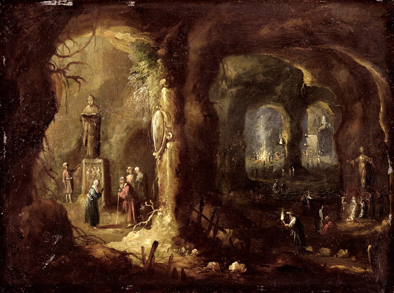 Grotto, jossa on patsaita ja lukuisia epäjumalia palvovia hahmoja (Pyhä Simeon Stylites), noin 1640 (öljy kuparille). tekijältä Rombout van Troyen