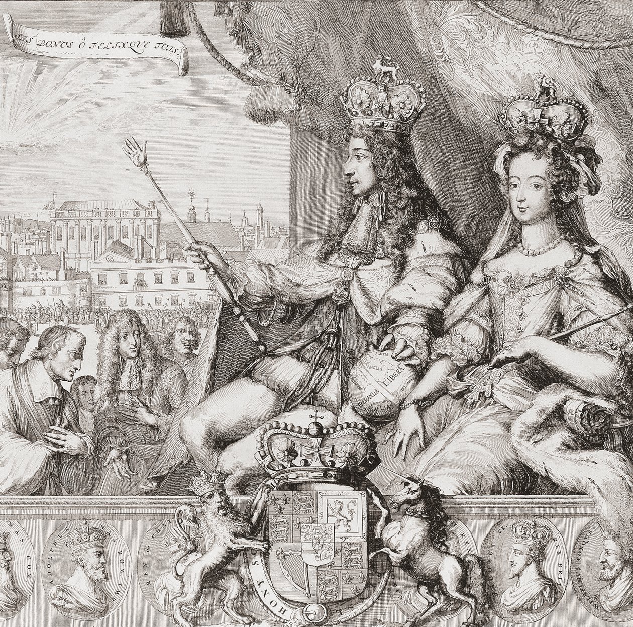 Englannin kuninkaan Vilhelm III:n ja kuningatar Maria II:n kruunajaiset 11. huhtikuuta tekijältä Romeyn de (after) Hooghe