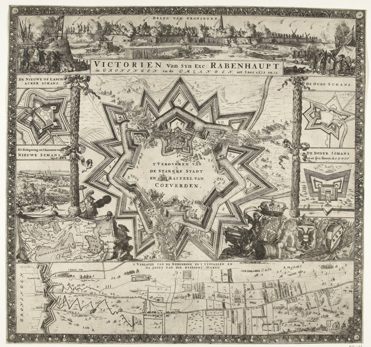 Rabenhauptin voitot Groningenissa vuosina 1672-1673 Victorien van syn exc. Rabenhaupt, Groningen ja Omlanden, int iaer 1672 ja 73 (otsikko esineessä) tekijältä Romeyn de Hooghe (attributed to)