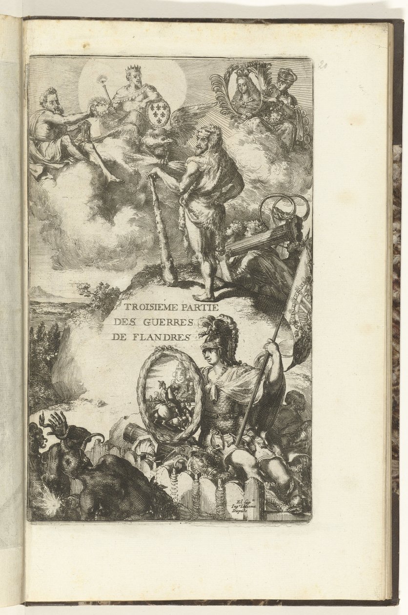 Otsikkopainatus Guerres de Flandresin kolmannelle osalle Troisieme partie des Guerres de Flandres (otsikko esineessä) Guerres de Flandres (sarjan nimi) tekijältä Romeyn de Hooghe (attributed to)