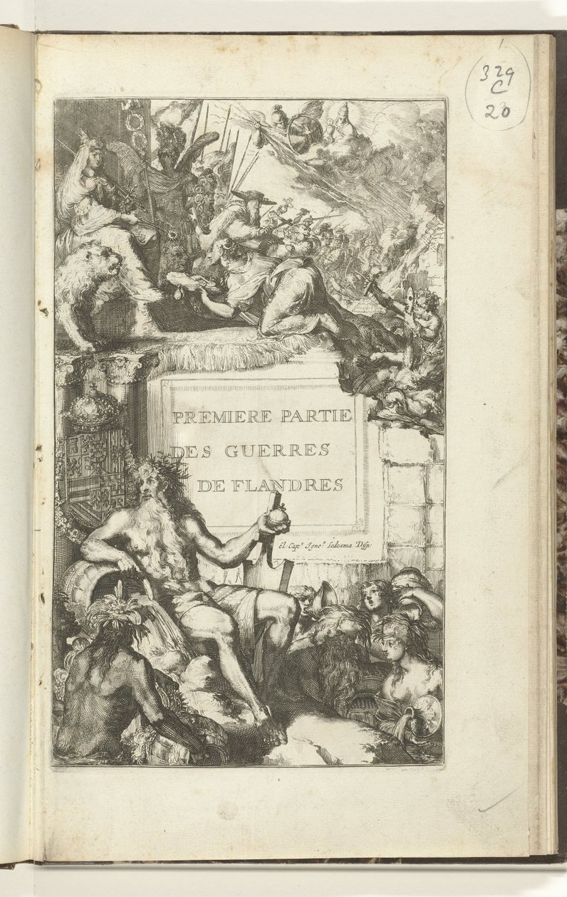 Guerres de Flandresin ensimmäisen osan otsikkopainatus Premier party des Guerres de Flandres (otsikko esineessä) Guerres de Flandres (sarjan nimi) tekijältä Romeyn de Hooghe (attributed to)