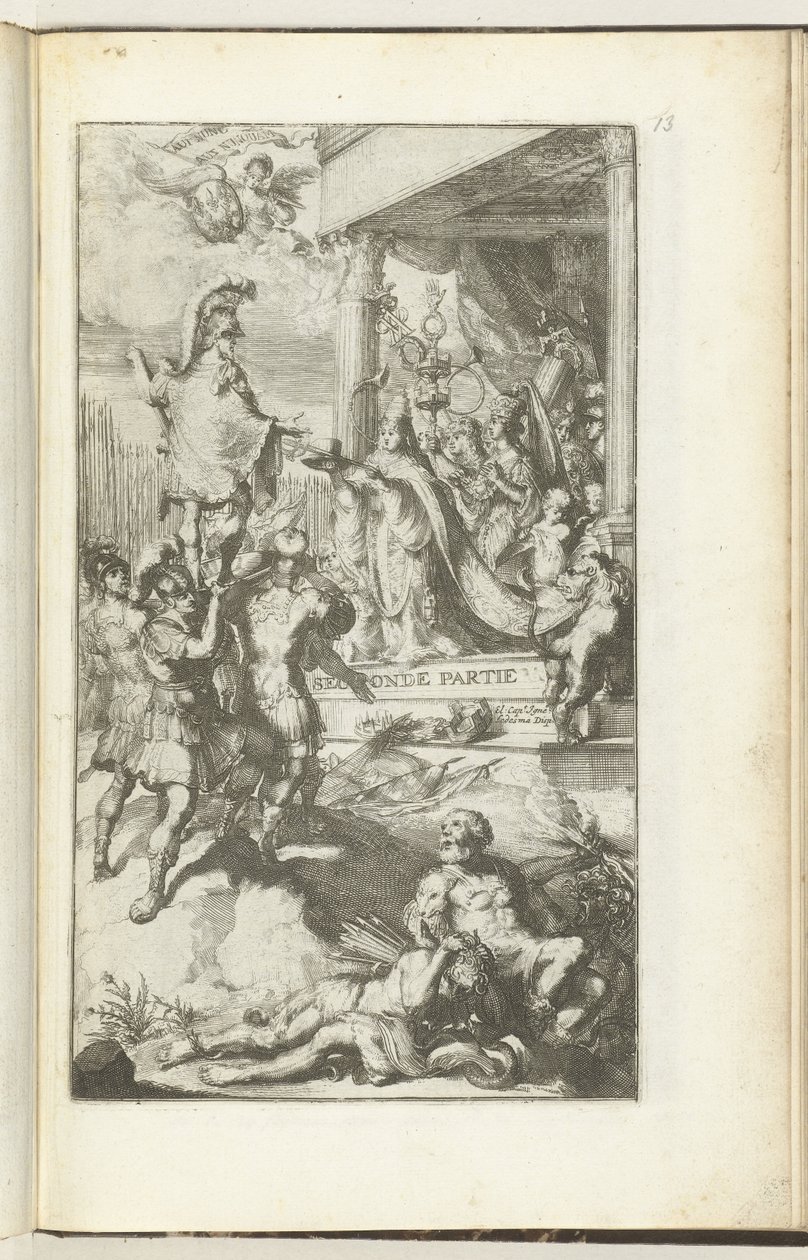 Guerres de Flandresin toisen osan otsikkoprintti Toinen osa (otsikko esineessä) Guerres de Flandres (sarjan nimi) tekijältä Romeyn de Hooghe (attributed to)