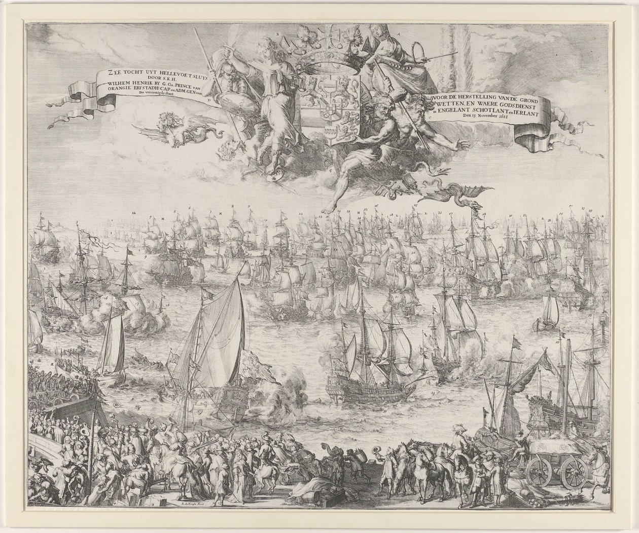 William III:n matka Englantiin, 1688 Sea Tour Hellevoet Sluysilta, S.K.H. Wilhem Henrik, G. Ga. Orangeie Erfstadhin prinssi. korkki. ja Adm. Gene. van The United State / Perustuslain palauttamisen puolesta ja oikea uskonto julkaisussa Engelant Sch tekijältä Romeyn de Hooghe (attributed to workshop of)