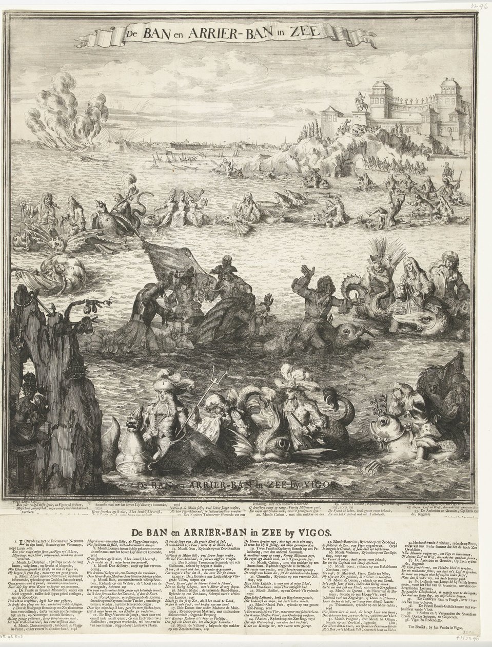 Sarjakuva hopealaivaston valtauksesta Vigossa, 1702 The Ban ja Arrier-Ban in the Sea (otsikko esineessä) Kielto ja tulokielto merellä Vigosissa (otsikko esineessä) tekijältä Romeyn de Hooghe (possibly)