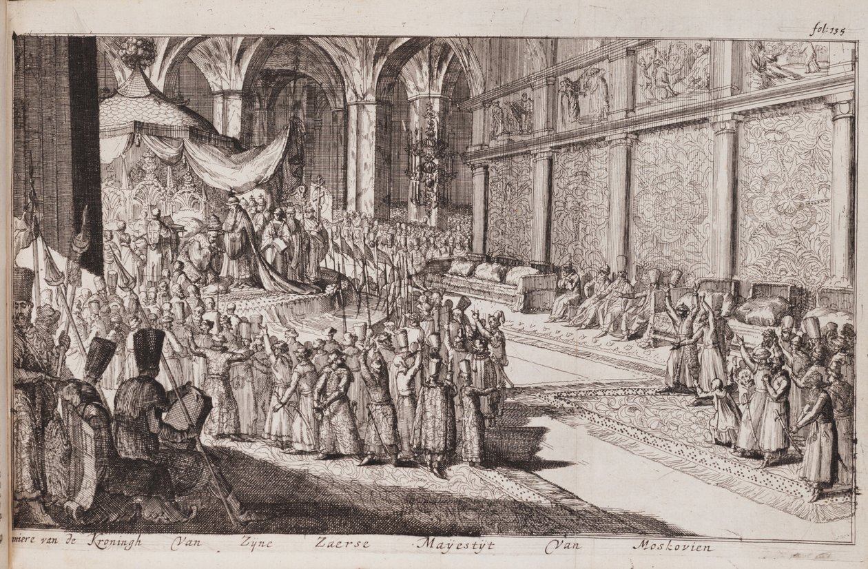 Kohtaus tsaari Aleksis Mihailovitšin kuninkaallisessa hovissa, 1677 tekijältä Romeyn de Hooghe