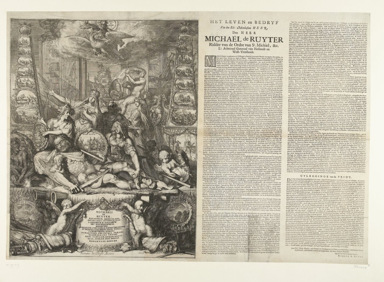 Allegoria Michiel de Ruyterin kuolemasta, 1676 Julkaisun elämä ja liiketoiminta: Manhaften Heer, Den Heer Michaël de Ruyter Pyhän Michielin ritarikunnan ritari, jne. Lt. Amiraali kenraali van Hollandt ja West-Vrieslandt (nimi esineessä) tekijältä Romeyn de Hooghe