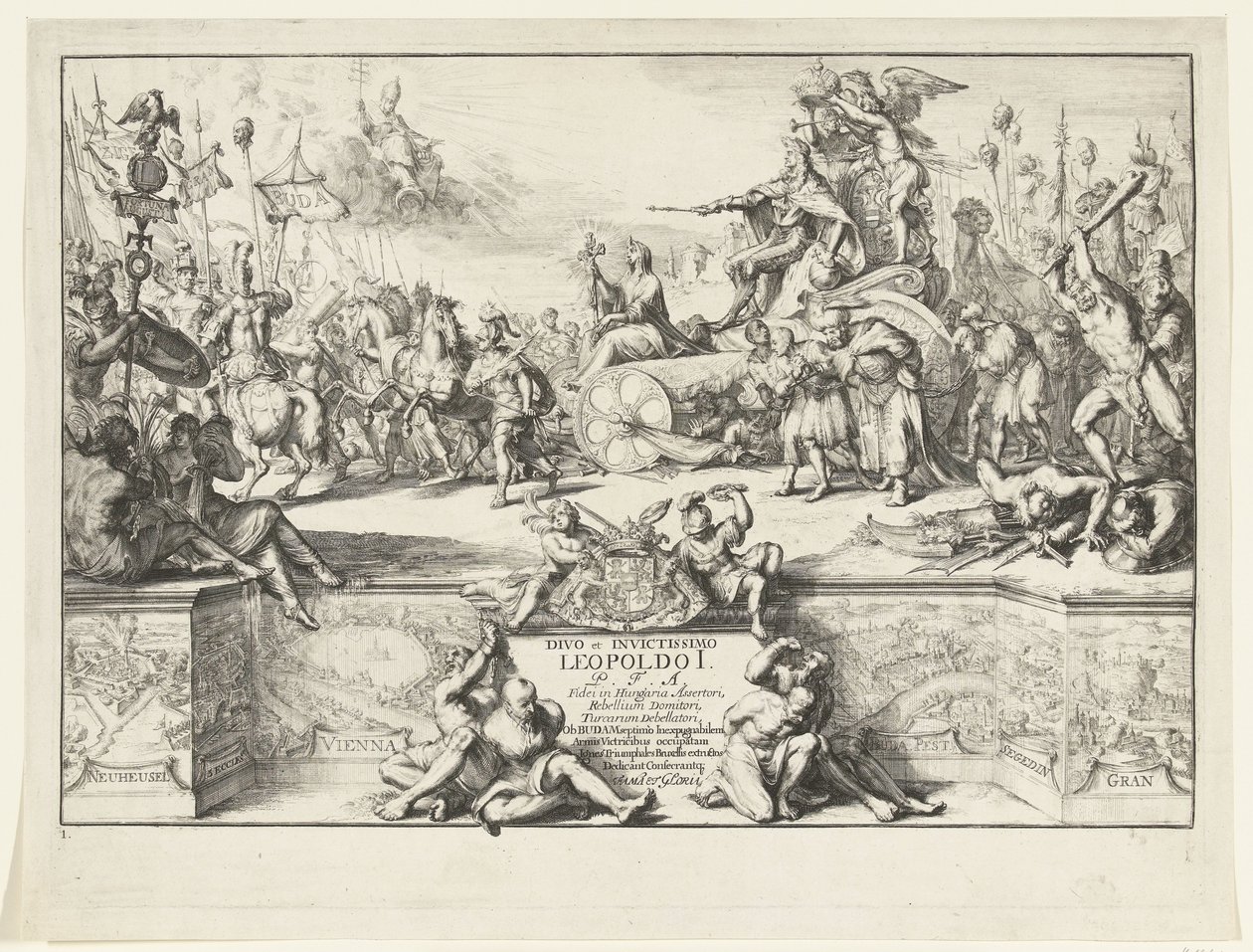 Allegoria Leopold I:n voitoista Divo et invictissimo Leopoldo I (otsikko esineessä) Leopold I:n saapuminen Brysseliin turkkilaisten voittamisen jälkeen, 1686 (sarjan nimi) tekijältä Romeyn de Hooghe