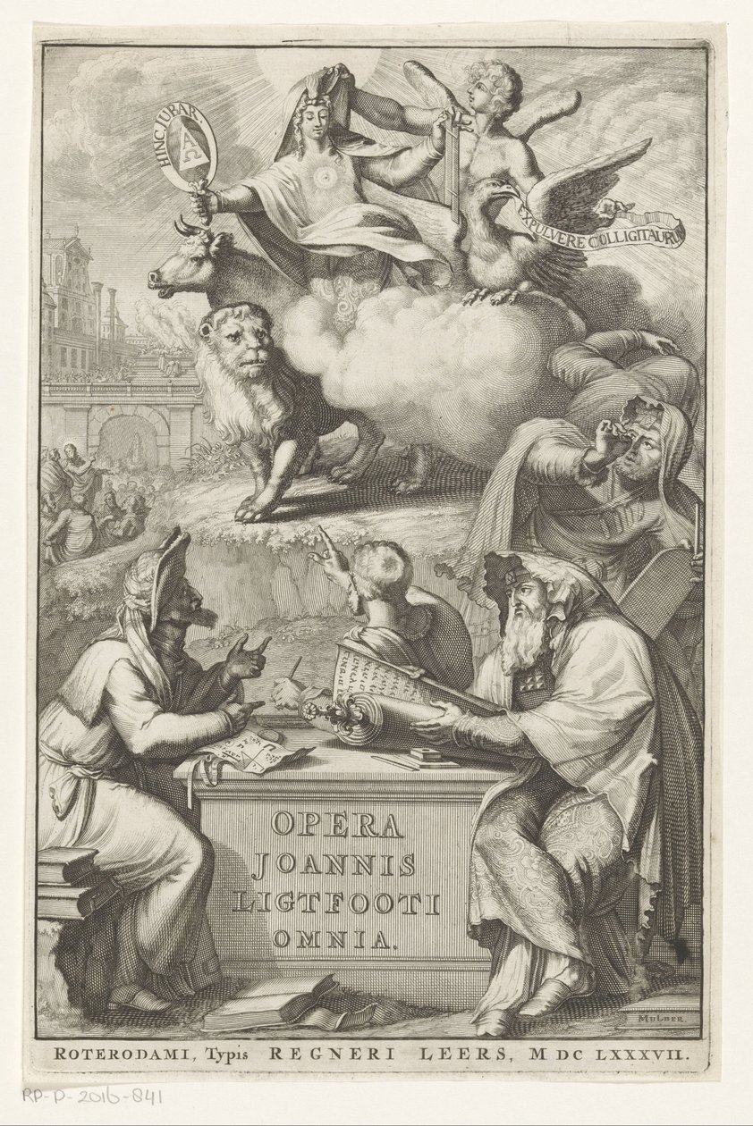Allegorinen hahmo juutalaisen miehen kanssa Nimisivu: John Lightfoot, Opera Joannis Ligtfooti omnia, 1686 tekijältä Romeyn de Hooghe