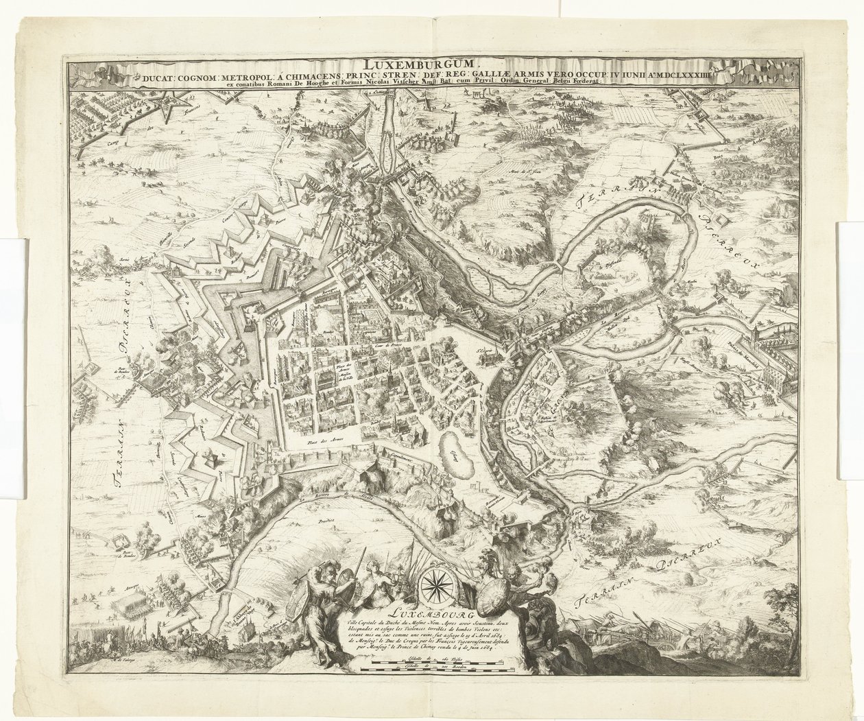 Luxemburgin oven pommitus de maarschalk de Créquy, 1684 Luxemburg, johtaja. sukunimi metropoli chimacens prinssi stren def. reg. Mutta Gallialaiset käsivarret valloittivat hänet. 4. kesäkuuta Ao. 8834 (otsikko esineessä) tekijältä Romeyn de Hooghe