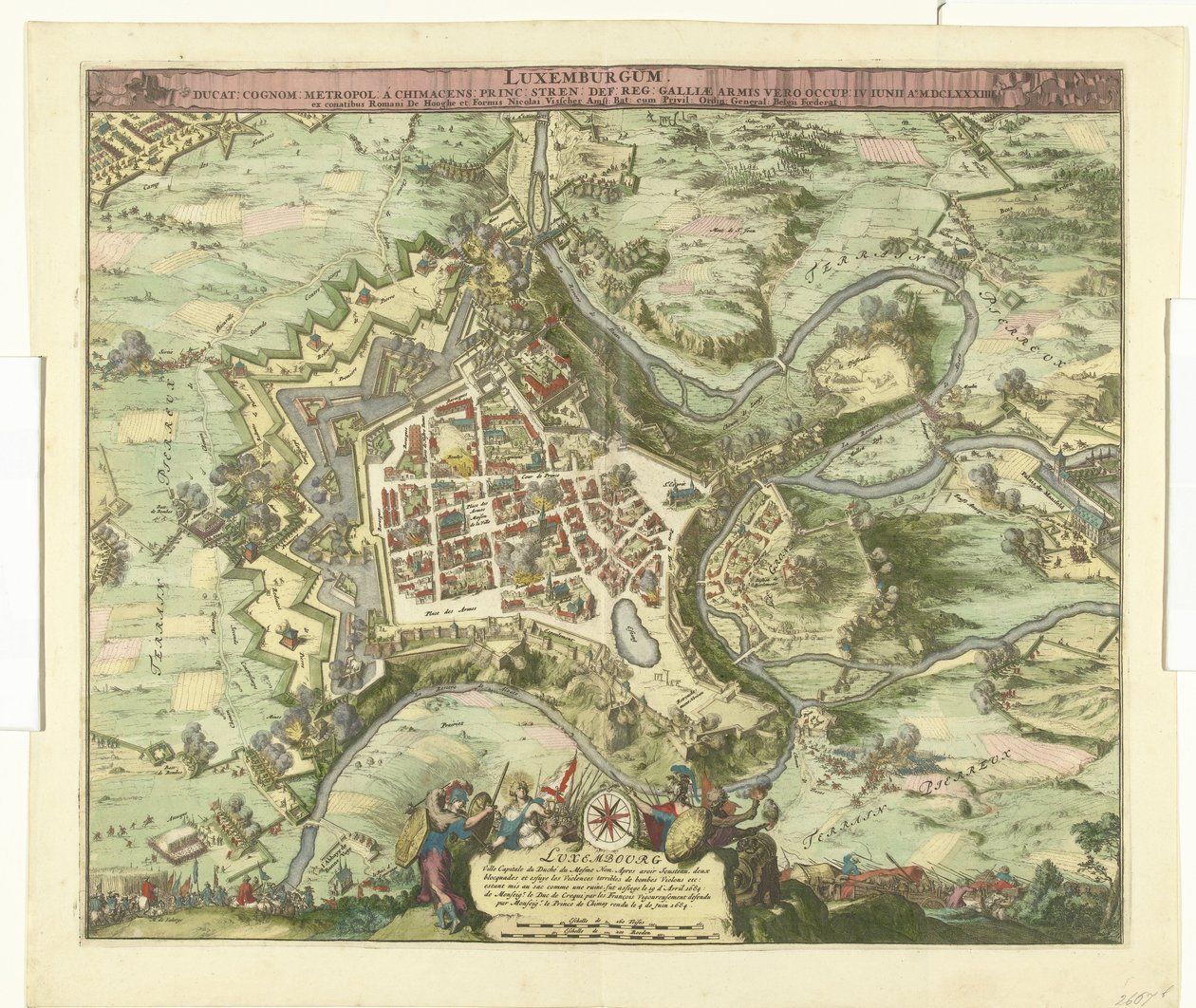 Luxemburgin oven pommitus de maarschalk de Créquy, 1684 Luxemburg, johtaja. sukunimi metropoli chimacens prinssi stren def. reg. Mutta Gallialaiset käsivarret valloittivat hänet. 4. kesäkuuta Ao. 8834 (otsikko esineessä) tekijältä Romeyn de Hooghe