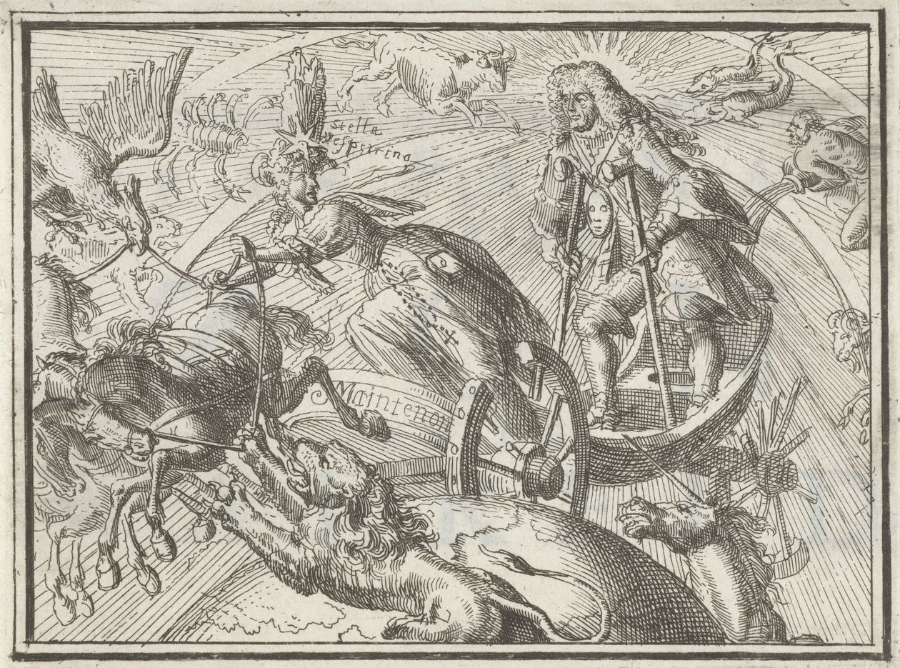 Karikatyyri, joka kuvaa Ludvig XIV:tä Apollona hänen vaunuissaan, 1701 tekijältä Romeyn de Hooghe