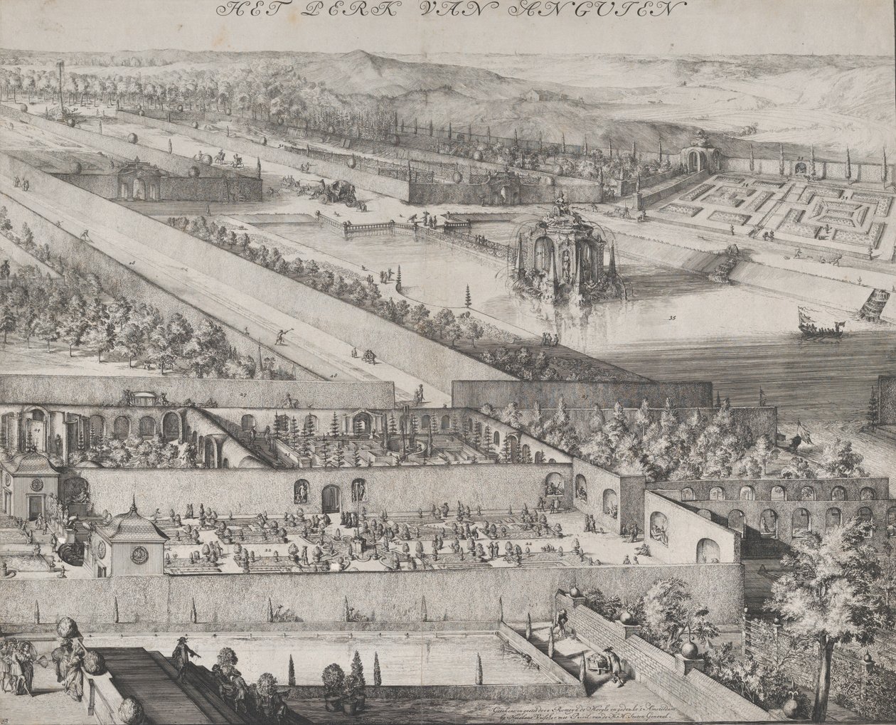 Yksityiskohta puistosta Enghienin oikealla puoliskolla, 1685. tekijältä Romeyn de Hooghe