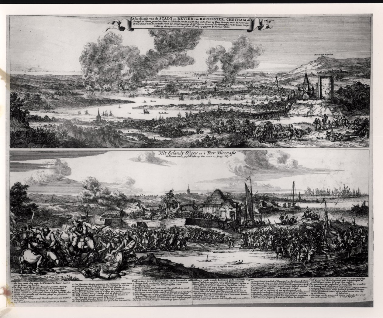 Hollantilaisten hyökkäys Medway-joella 20. ja 21. kesäkuuta 1667, kaivertaja Nicolas Visscher (1618-1709). tekijältä Romeyn de Hooghe