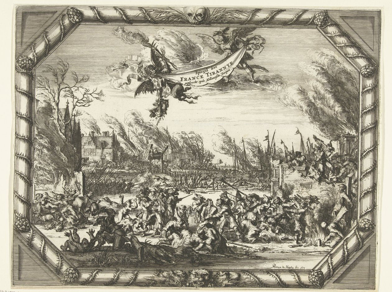 Ranskan julmuudet Bodegravenissa ja Zwammerdamissa, 1672 Spiegel der France Tirannye vetosi Hollantsche Dorpeniin (otsikko esineessä) tekijältä Romeyn de Hooghe