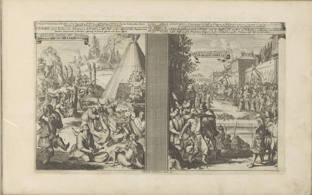 Lääkärit Arcladassa; Jesuiitta ajellut tietullimestari Golkondassa Guerisons infames des Arclades / Rude Healings // Roi de Golconde, Douane jne. / Tolrecht, en Cases (otsikko esineessä) Les Indes Orientales et Occidentales et autres tekijältä Romeyn de Hooghe