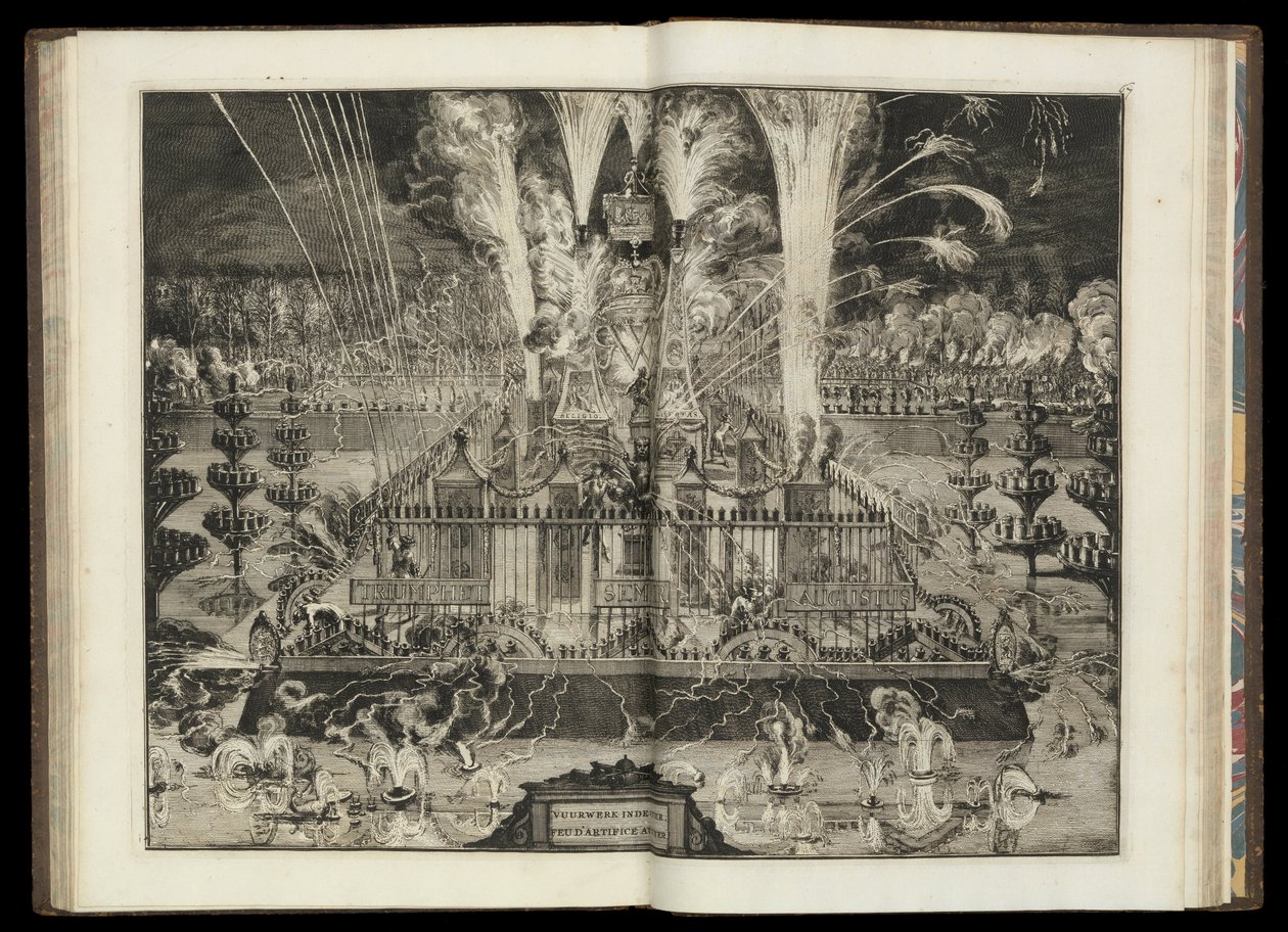 Suuri ilotulitusnäytös. Kappaleesta "Hänen brittiläisen majesteettinsa riemuvoittoinen paluu Hollantiin" (CBL AL 146, pl.67). tekijältä Romeyn de Hooghe