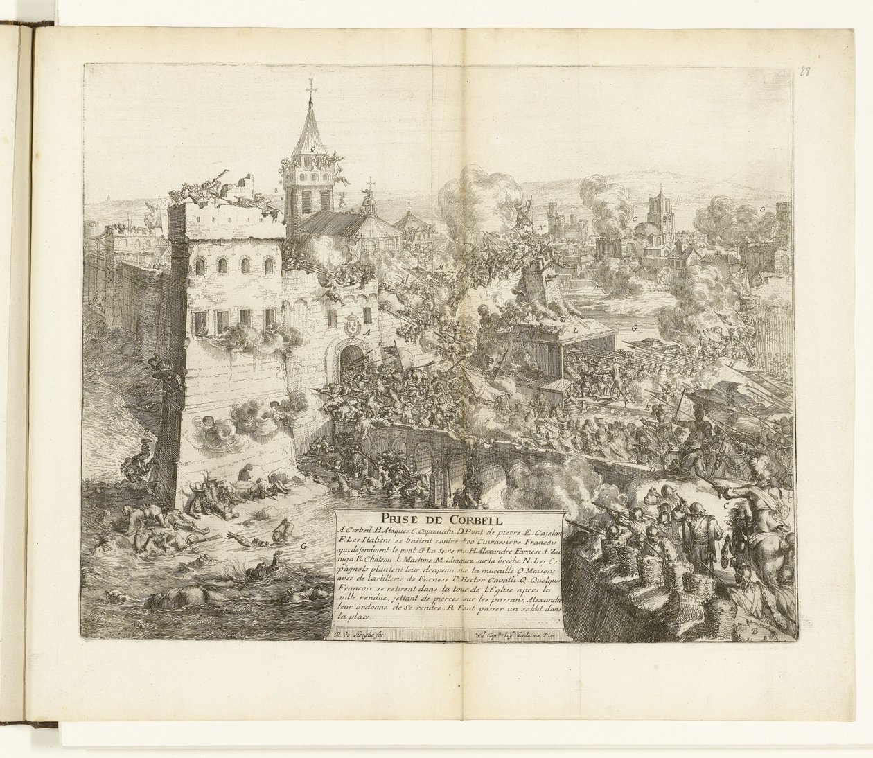 Inname van Corbeil, 1590 Corbeilin vangitseminen (otsikko esineessä) Flanderin sodat (sarjan nimi) tekijältä Romeyn de Hooghe