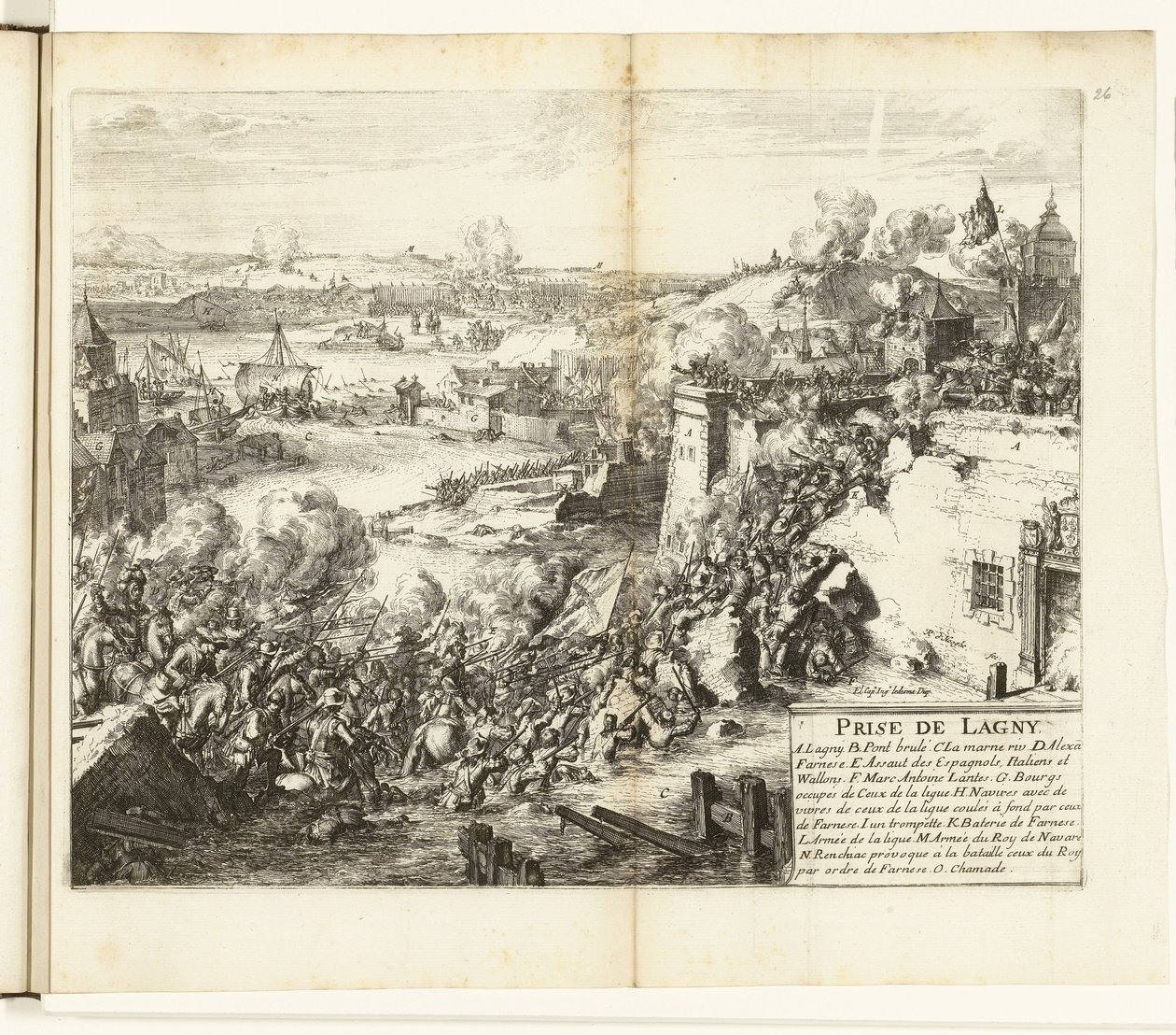 Inname van Lagny, 1589-1590 Lagnyn vangitseminen (otsikko esineessä) Flanderin sodat (sarjan nimi) tekijältä Romeyn de Hooghe