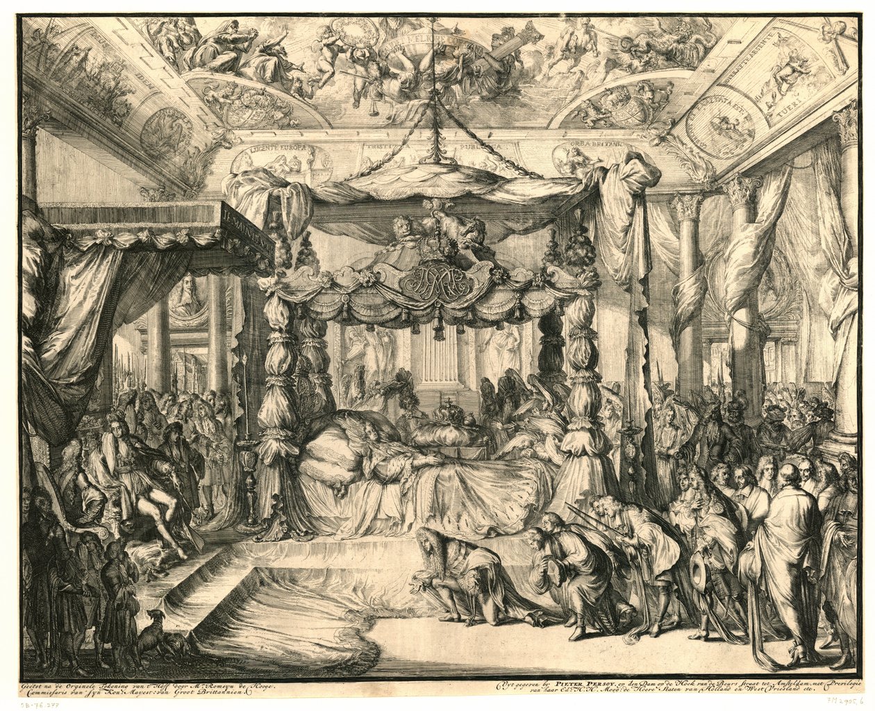 Kuningatar Mary II Stuart kuolinvuoteellaan, 1695 Englannin kuningattaren Maria II Stuartin kuolema ja hautaaminen, 1695 (sarjan nimi) tekijältä Romeyn de Hooghe