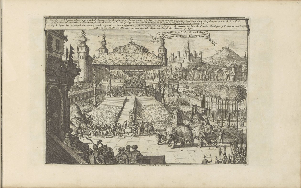 Koninklijk hof Mongoliassa Mongols Hof en Hofpracht / Court and Royal Pump of the Great Mogul (otsikko esineessä) Itä- ja Länsi-Intia ja muut paikat (sarjan nimi) tekijältä Romeyn de Hooghe
