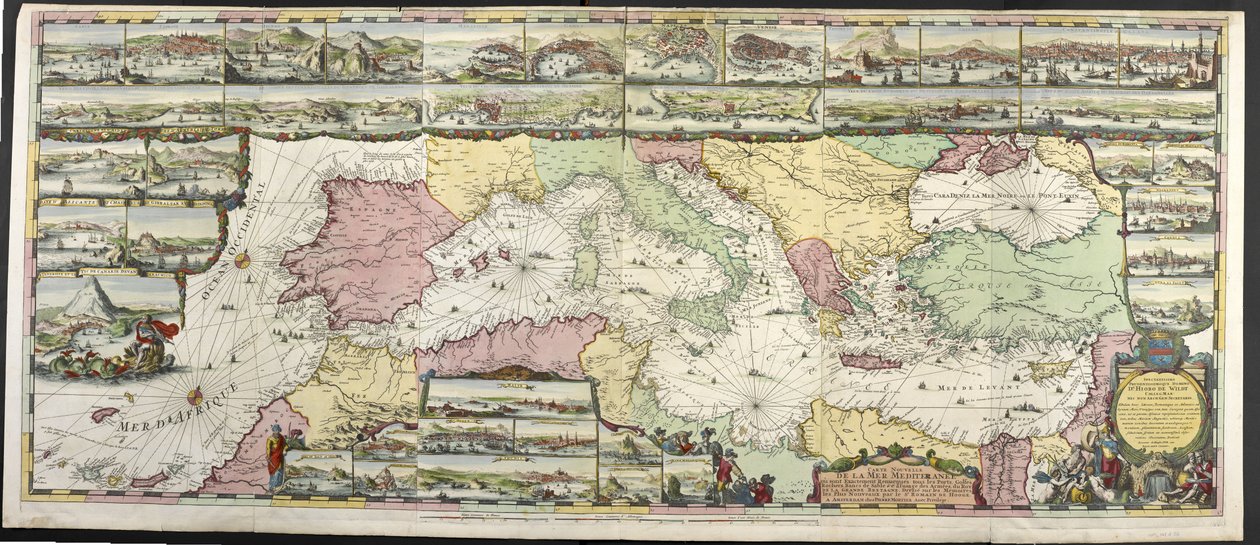 Välimeren kartta, Charles Penen ja Pieter Mortierin teoksista "De Fransche Neptunus and Atlas Maritime and Suite du Neptune François" tekijältä Romeyn de Hooghe
