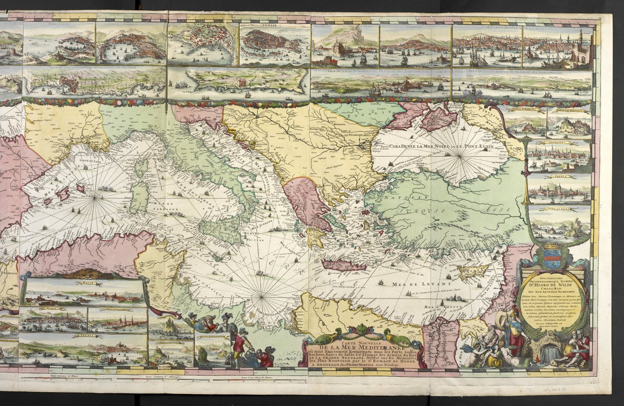Välimeren kartta allegorisilla hahmoilla ja merihirviöillä koristamassa upeita, Charles Penen ja Pieter Mortierin teoksista "The French Neptune and Atlas Maritime and Suite du Neptune François" tekijältä Romeyn de Hooghe