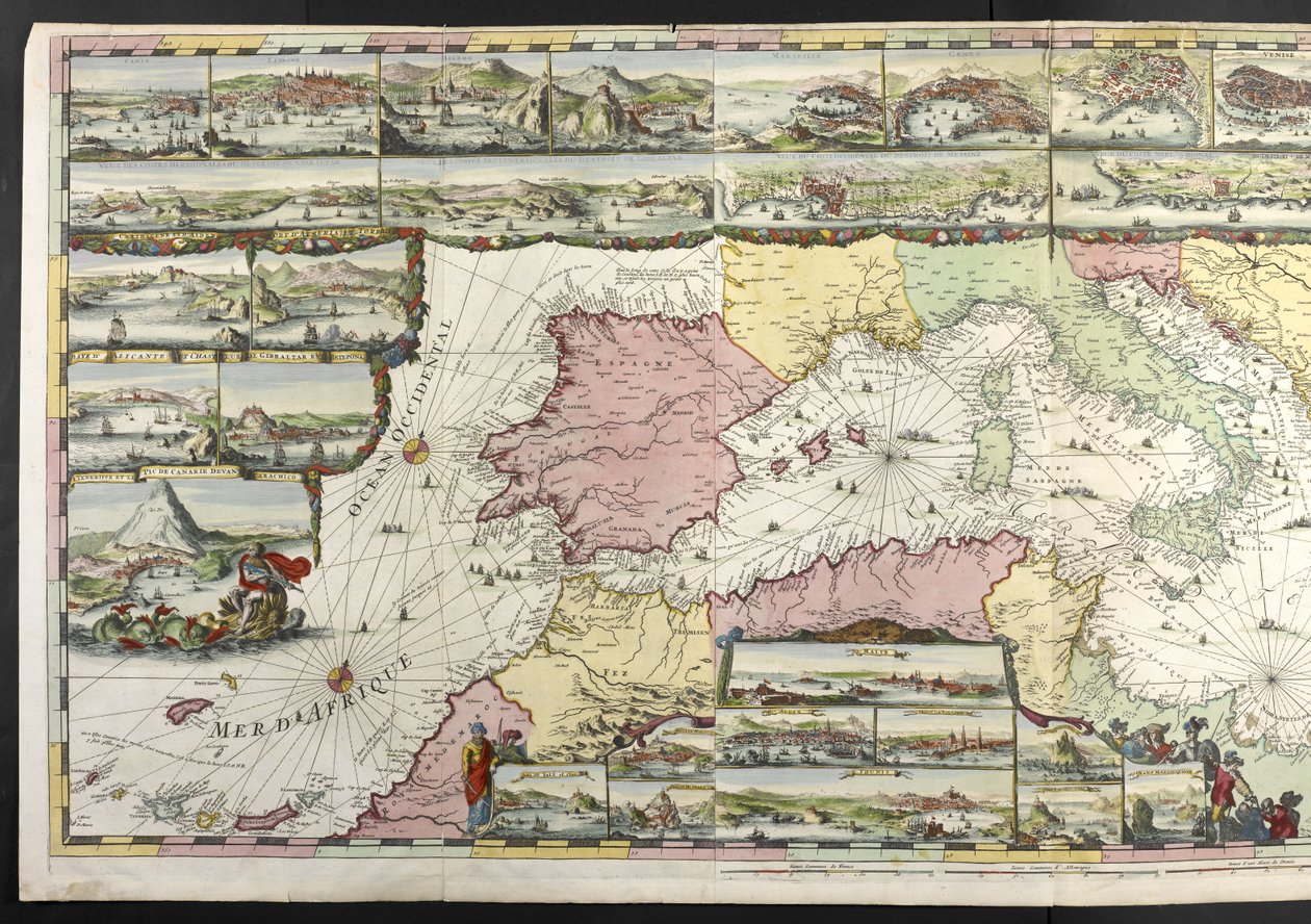 Välimeren kartta allegorisilla hahmoilla ja merihirviöillä koristamassa upeita, Charles Penen ja Pieter Mortierin teoksista "The French Neptune and Atlas Maritime and Suite du Neptune François" tekijältä Romeyn de Hooghe