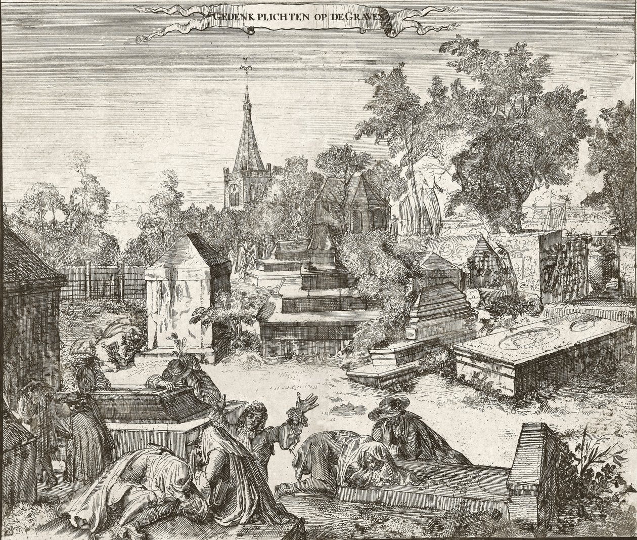 Suru Ouderkerkin Beth Haimin portugalilais-juutalaishautausmaalla Amstelissa Alankomaissa - Romeyn de Hooghen (1645-1708) kaiverrus tekijältä Romeyn de Hooghe