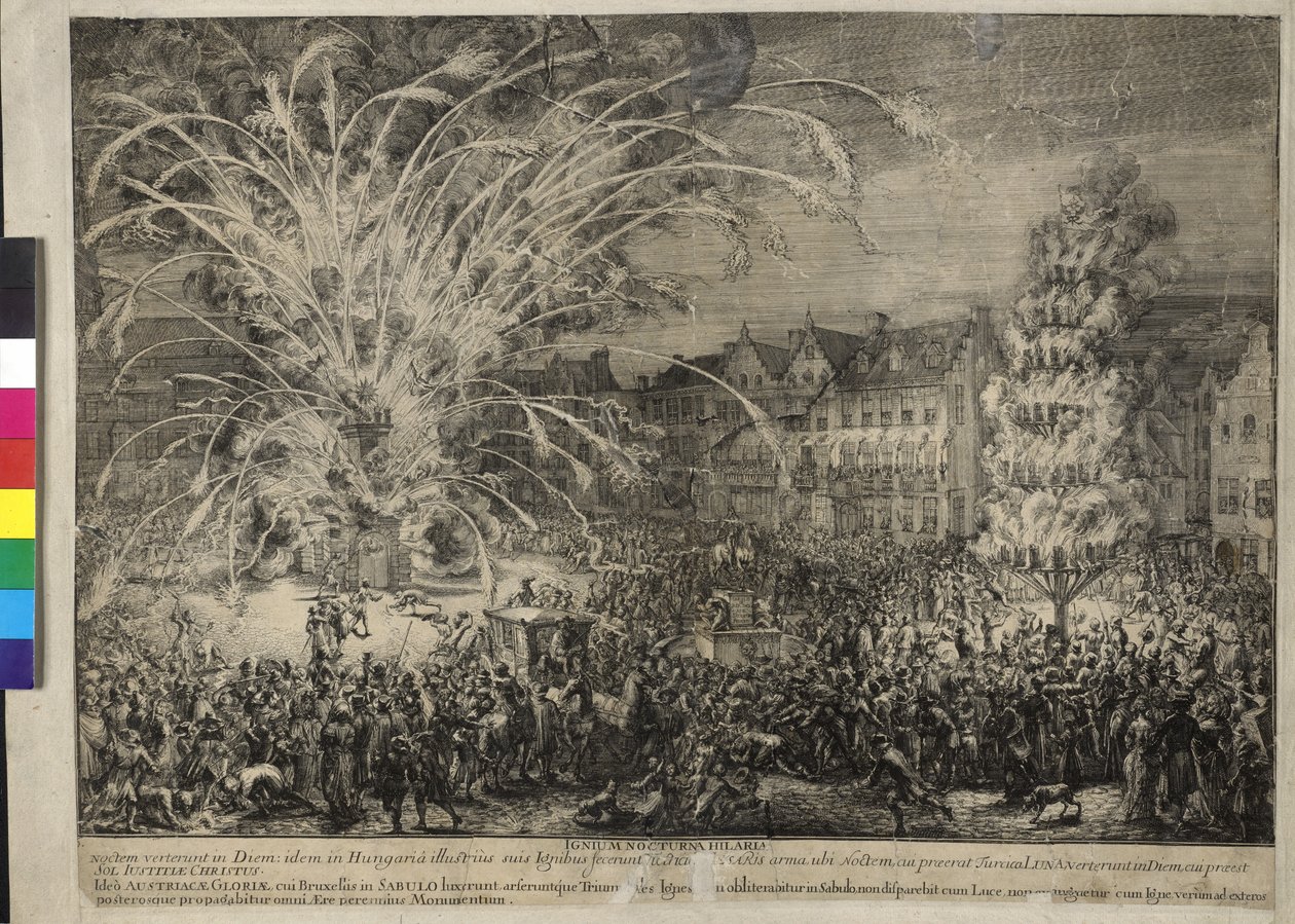 Yöllinen ilotulitus Sablonsin kadulla Brysselissä 1686 (etsaus) tekijältä Romeyn de Hooghe