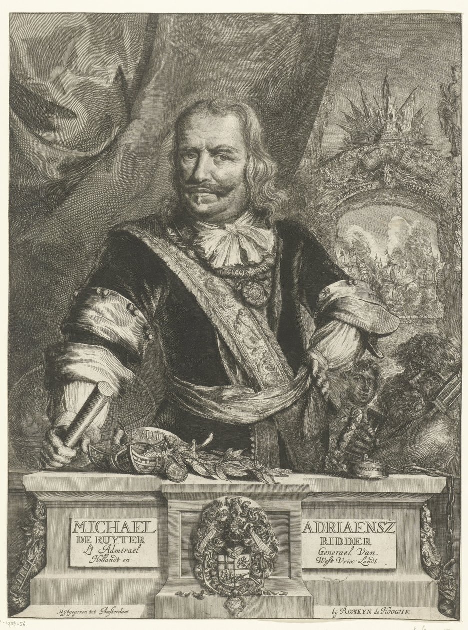 Michiel de Ruyterin muotokuva Michael Adriaensz de Ruyter Knight Lt Admirael kenraali Van Hollandt ja West Vrieslandt (nimi esineessä) tekijältä Romeyn de Hooghe