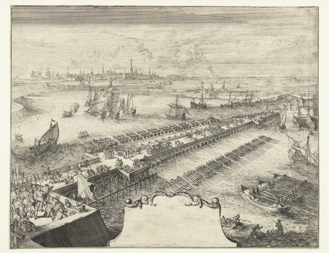 Parman laivasilta Scheldtin yli, 1585 Guerres de Flandres (sarjan nimi) tekijältä Romeyn de Hooghe