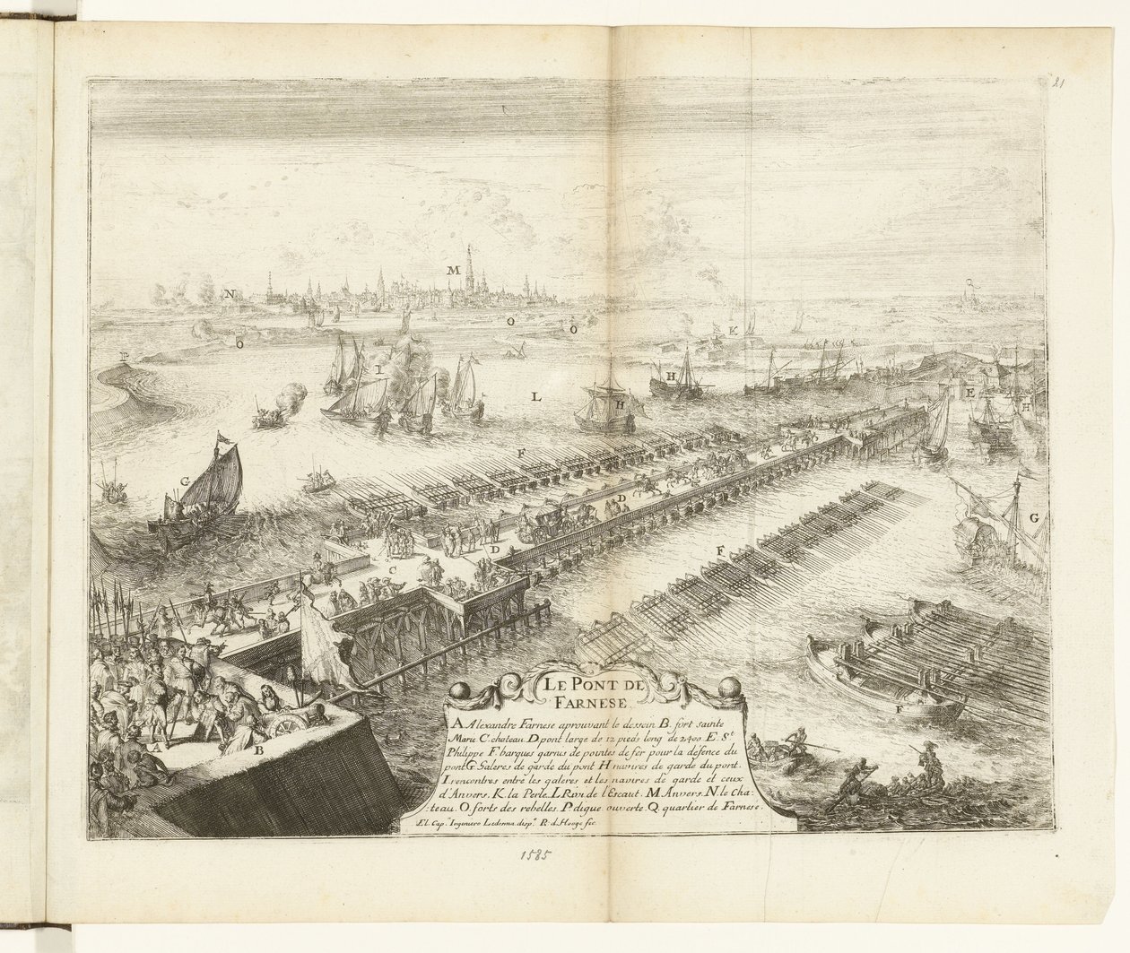 Parman laivasilta Scheldtin yli, 1585 Le Pont de Farnese (otsikko esineessä) Guerres de Flandres (sarjan nimi) tekijältä Romeyn de Hooghe