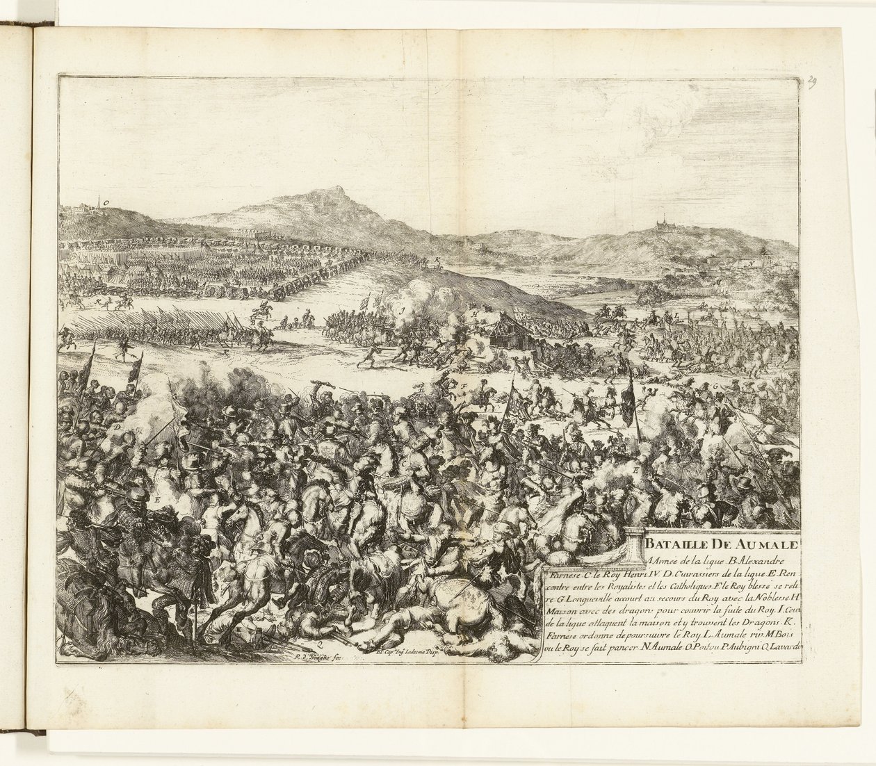 Kuona Aumalessa, 1592 Aumalen taistelu (otsikko esineessä) Flanderin sodat (sarjan nimi) tekijältä Romeyn de Hooghe
