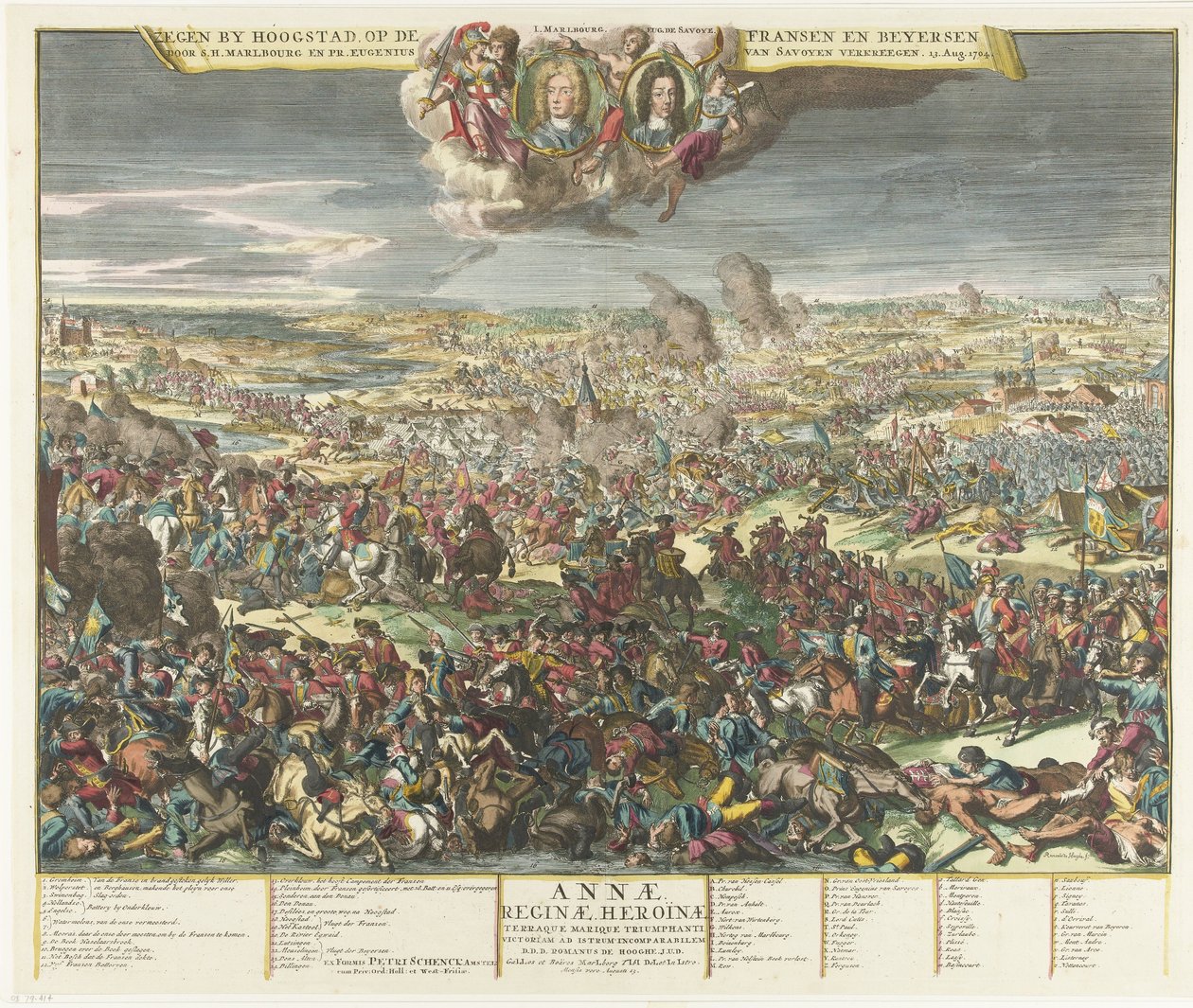 Höchstädtin taistelu 1704 Siunaus Hoogstadilta, Fransenilla ja Beyersenillä S.H. Marlbourg ja Pr. Eugenius Savoilainen, 13. elokuuta 1704 (otsikko esineessä) tekijältä Romeyn de Hooghe