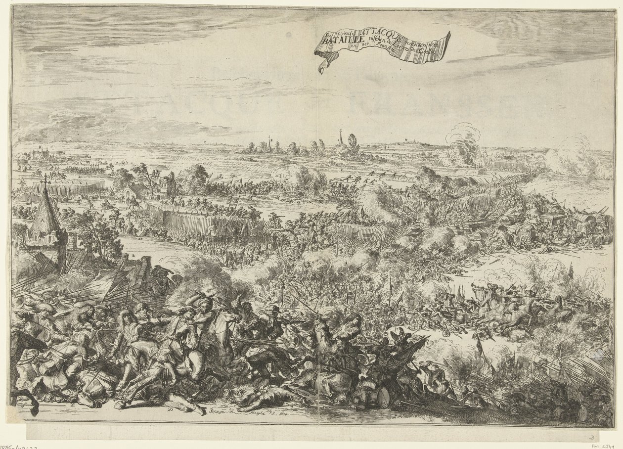 Seneffen taistelu, 1674 Näkijä raivoissaan Attacque muuttuu Batailleksi Geallien armeijoiden välillä. en der Fransen (otsikko esineessä) Kuvaus Furious Attacque der Franssenista, Liittoutuneiden armeijan matkatavaroista: Muuttuu sc:ksi tekijältä Romeyn de Hooghe