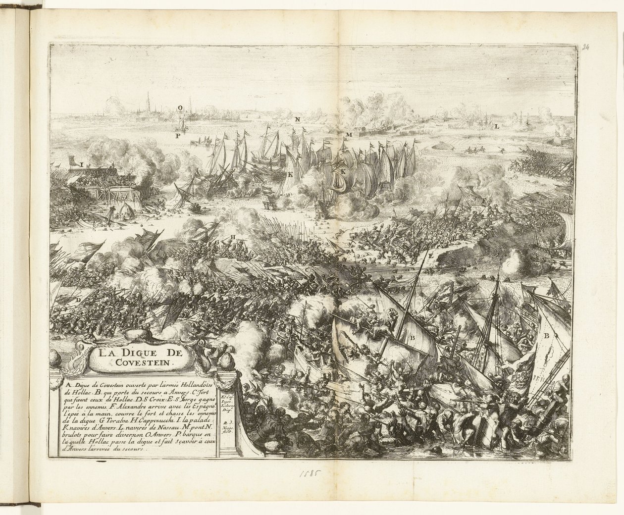 Taistelu Kauwensteinin padon puolesta, 1585 La digue de Covestein (otsikko esineessä) Guerres de Flandres (sarjan nimi) tekijältä Romeyn de Hooghe