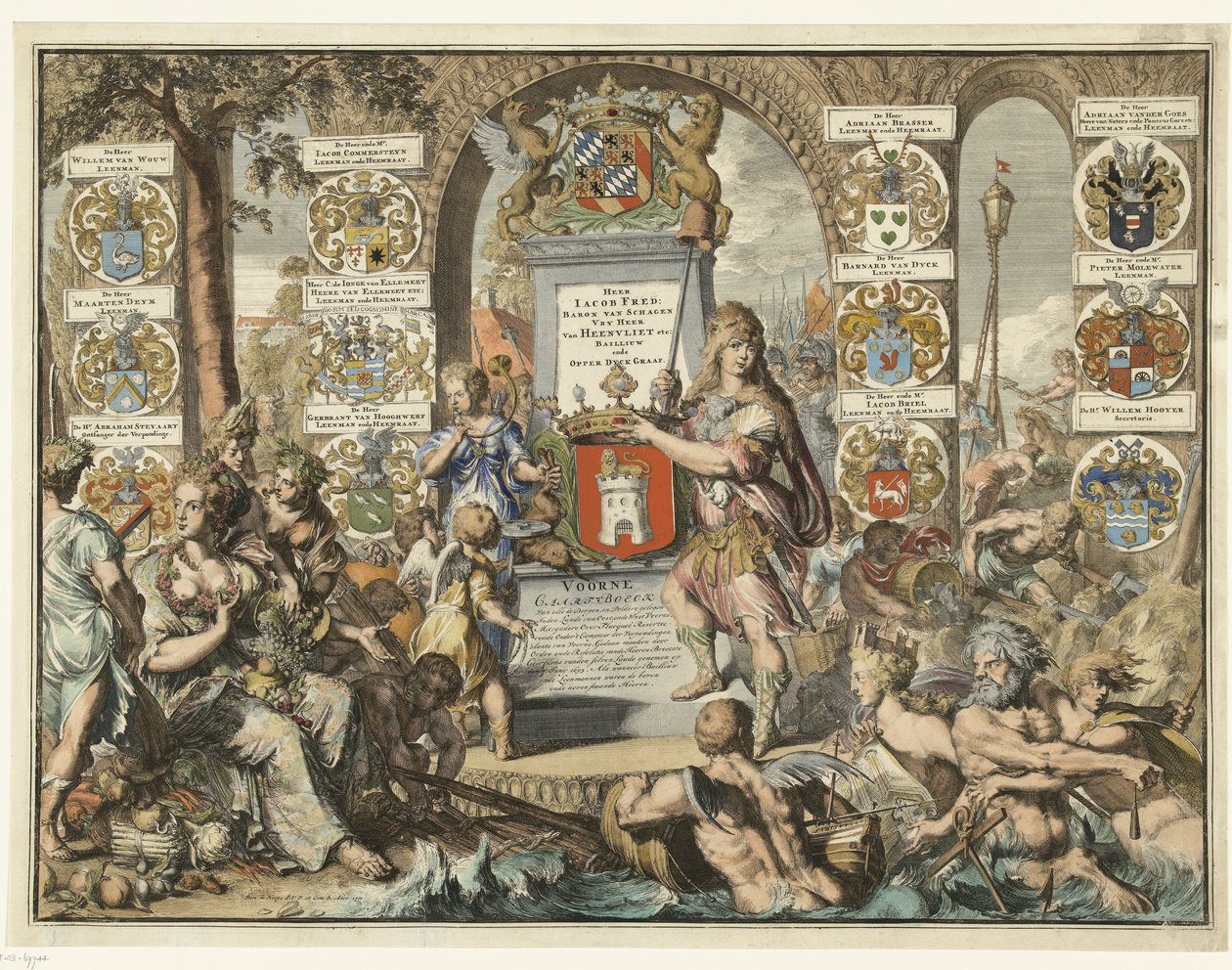 Otsikkopainos Caartboeck van Voorne, 1701 Voorne Caart-Boeck kaikista kylistä ja poldereista, jotka sijaitsevat East Landessa, ja Länsi-Voorne (...) 7. kesäkuuta 1695. Kuten silloin, kun Bailliuw ja Leenmannen olivat yläpuolella ja viereinen Heeren. (otsik tekijältä Romeyn de Hooghe