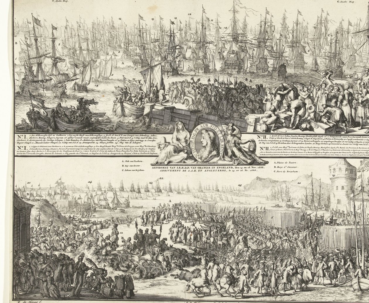 William III:n matka Englantiin, 1688 S.K.H.:n lähtö Englannin jälkeen, 11. marraskuuta 1688 / S.K.H.D.P.:n saapuminen Orangesta Englannissa, 15. ja 16. marraskuuta. 1688 (otsikko esineessä) Department of S.A.R. pour Angleterre, Le 11. No. 1688 / Arrival de tekijältä Romeyn de Hooghe