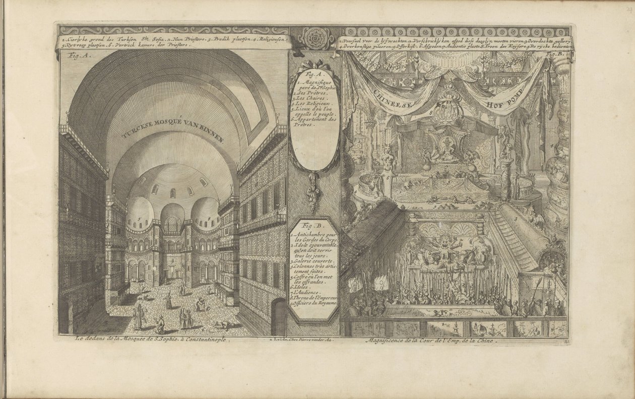 turkkilainen moskeija Konstantinopelissa; Keizerlijkhof Kiinassa Turksche pilkkaa van binnenia / S. Sofian moskeijan sisustus Konstantinopolissa // Chineese Hof Pomp / Emp:n tuomioistuimen loisto. Kiinasta. (otsikko esineessä) Itä-Intiat ja O tekijältä Romeyn de Hooghe